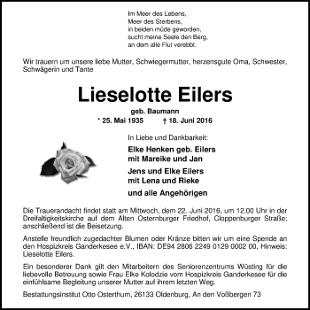 Traueranzeige von Lieselotte Eilers von Nordwest-Zeitung