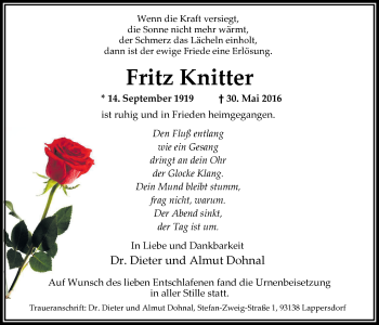 Traueranzeige von Fritz Knitter von Nordwest-Zeitung