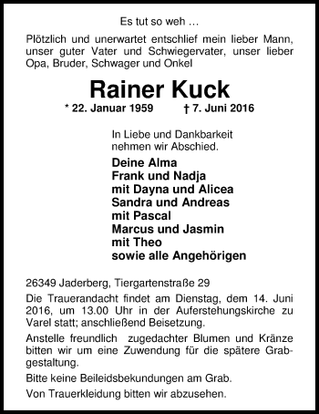 Traueranzeige von Rainer Kuck von Nordwest-Zeitung