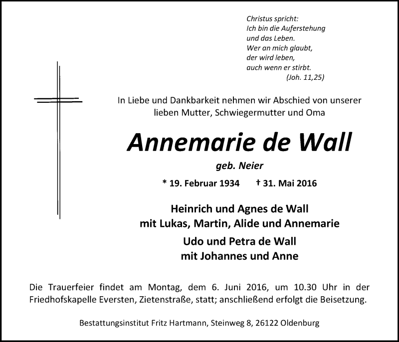  Traueranzeige für Annemarie de Wall vom 04.06.2016 aus Nordwest-Zeitung