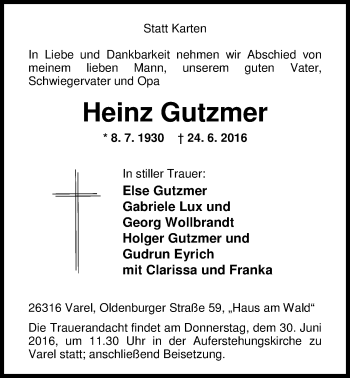 Traueranzeige von Heinz Gutzmer von Nordwest-Zeitung