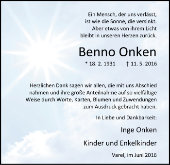Traueranzeige von Bernhard Onken von Nordwest-Zeitung