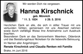 Traueranzeige von Hanna Kirschnick von Nordwest-Zeitung