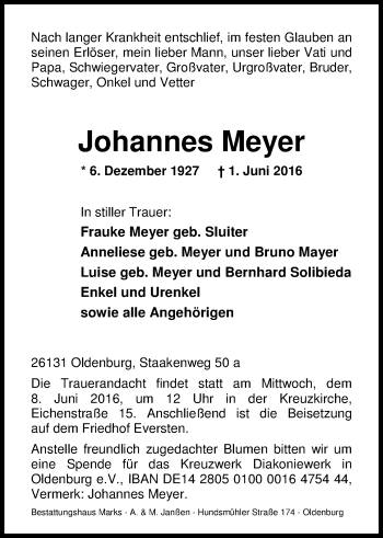 Traueranzeige von Johannes Meyer von Nordwest-Zeitung