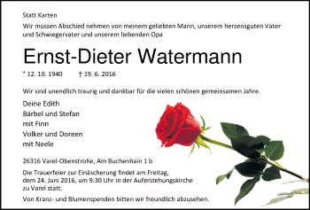 Traueranzeige von Ernst-Dieter Watermann von Nordwest-Zeitung