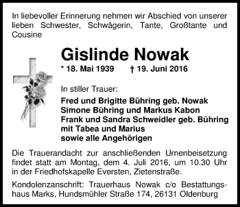 Traueranzeige von Gislinde Nowak von Nordwest-Zeitung
