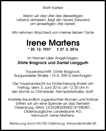 Traueranzeige von Irene Martens von Nordwest-Zeitung