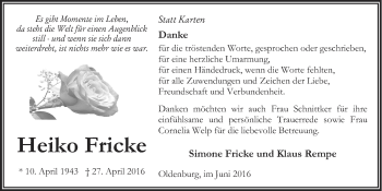 Traueranzeige von Heiko Fricke von Nordwest-Zeitung