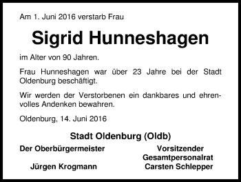 Traueranzeige von Sigrid Hunneshagen von Nordwest-Zeitung