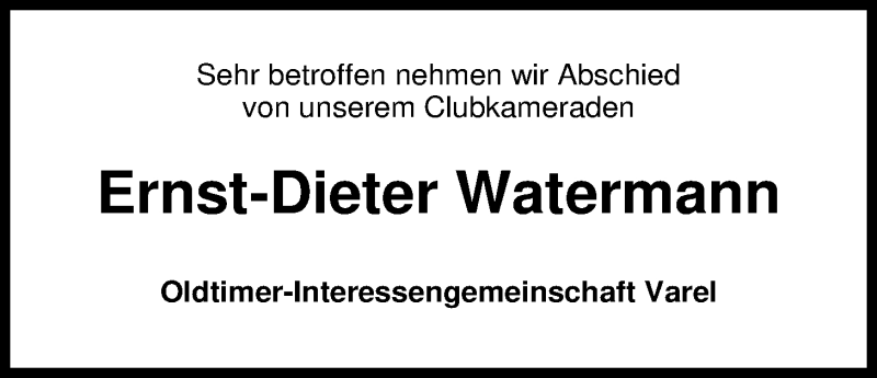  Traueranzeige für Ernst-Dieter Watermann vom 22.06.2016 aus Nordwest-Zeitung