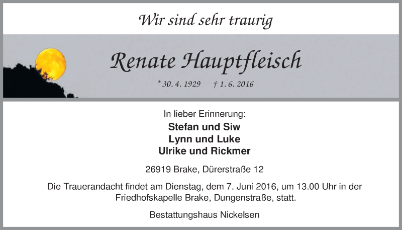 Traueranzeige für Renate Hauptfleisch vom 04.06.2016 aus Nordwest-Zeitung