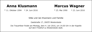 Traueranzeige von Anna Klusmann von Nordwest-Zeitung