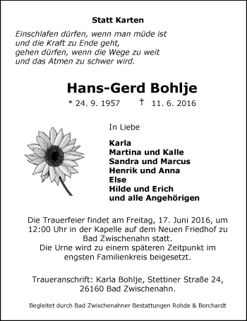 Traueranzeige von Hans-Gerd Bohlje von Nordwest-Zeitung