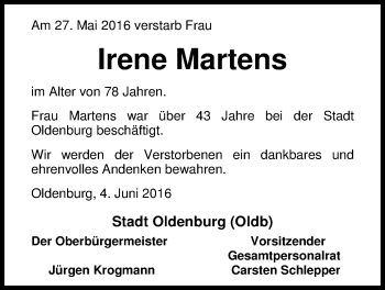 Traueranzeige von Irene Martens von Nordwest-Zeitung