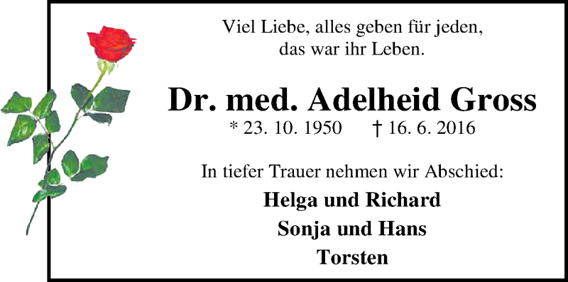  Traueranzeige für Adelheid Dr. Gross vom 23.06.2016 aus Nordwest-Zeitung