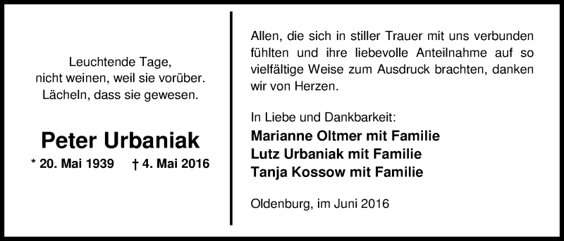  Traueranzeige für Peter Urbaniak vom 18.06.2016 aus Nordwest-Zeitung