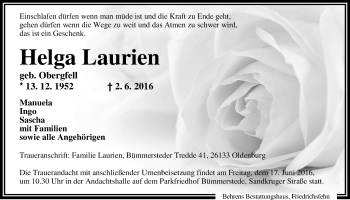 Traueranzeige von Helga Laurien von Nordwest-Zeitung