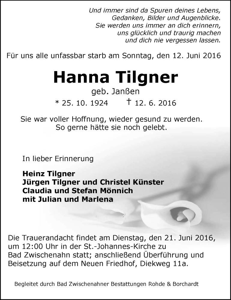  Traueranzeige für Hanna Tilgner vom 18.06.2016 aus Nordwest-Zeitung
