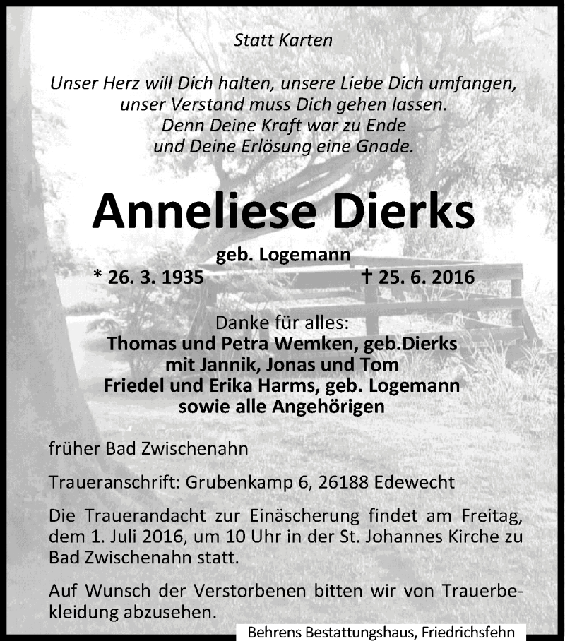  Traueranzeige für Anneliese Dierks vom 28.06.2016 aus Nordwest-Zeitung