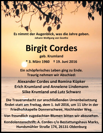 Traueranzeige von Birgit Cordes von Nordwest-Zeitung
