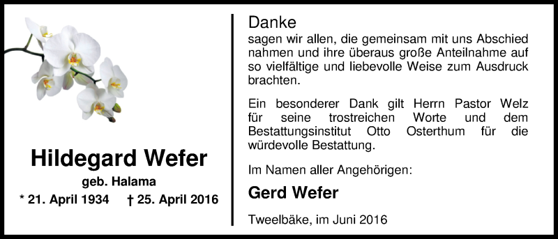  Traueranzeige für Hildegard Wefer vom 11.06.2016 aus Nordwest-Zeitung