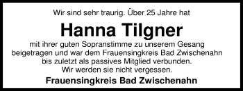 Traueranzeige von Hanna Tilgner von Nordwest-Zeitung