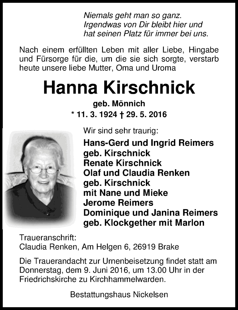  Traueranzeige für Hanna Kirschnick vom 04.06.2016 aus Nordwest-Zeitung