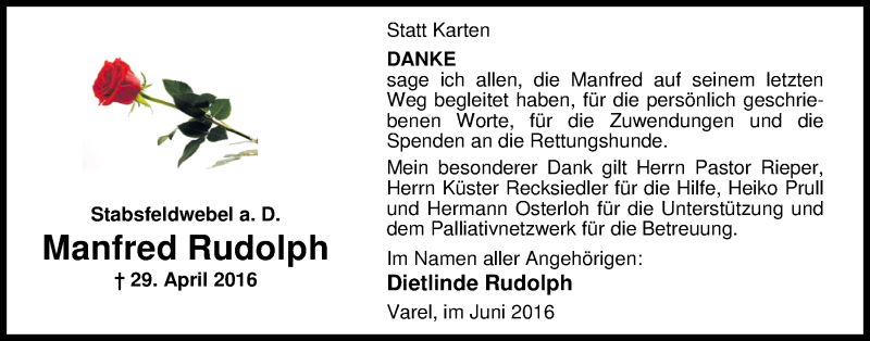  Traueranzeige für Manfred Rudolph vom 11.06.2016 aus Nordwest-Zeitung