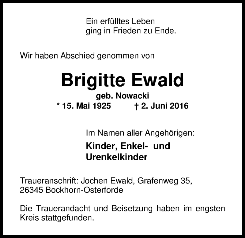  Traueranzeige für Brigitte Ewald vom 09.06.2016 aus Nordwest-Zeitung