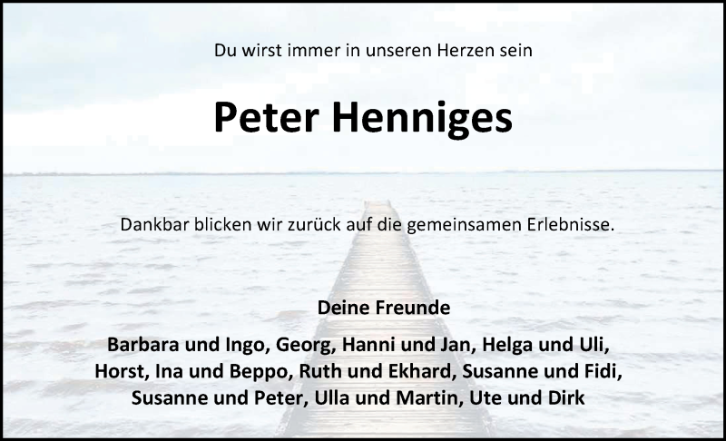  Traueranzeige für Hans-Peter Henniges vom 01.06.2016 aus Nordwest-Zeitung