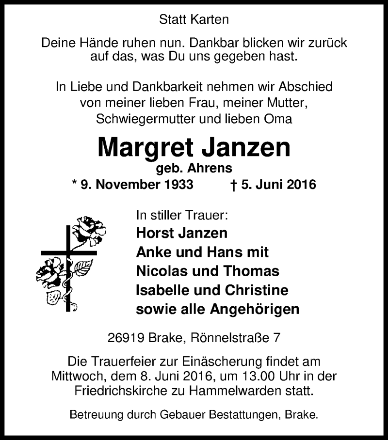  Traueranzeige für Margret Janzen vom 07.06.2016 aus Nordwest-Zeitung