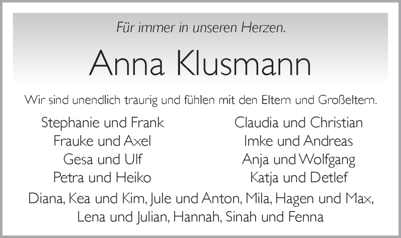  Traueranzeige für Anna Klusmann vom 29.06.2016 aus Nordwest-Zeitung