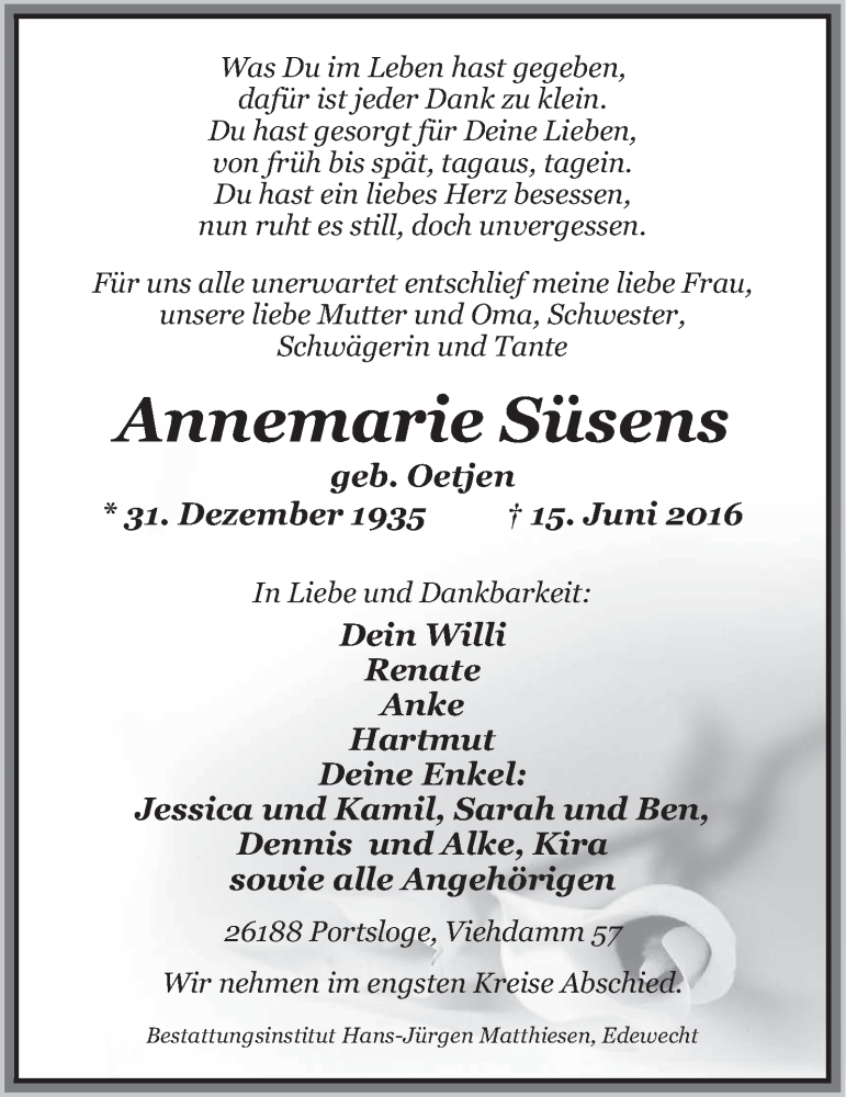  Traueranzeige für Annemarie Süsens vom 17.06.2016 aus Nordwest-Zeitung