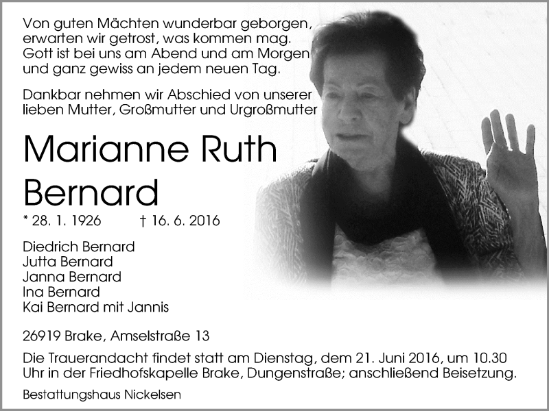  Traueranzeige für Marianne Ruth Bernard vom 18.06.2016 aus Nordwest-Zeitung