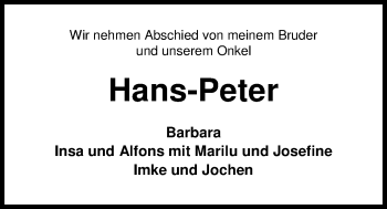 Traueranzeige von Hans-Peter Henniges von Nordwest-Zeitung