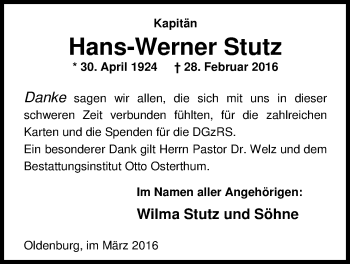 Traueranzeige von Hans-Werner Stutz von Nordwest-Zeitung