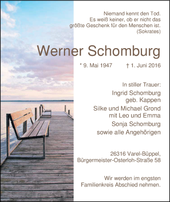 Traueranzeige von Werner Schomburg von Nordwest-Zeitung