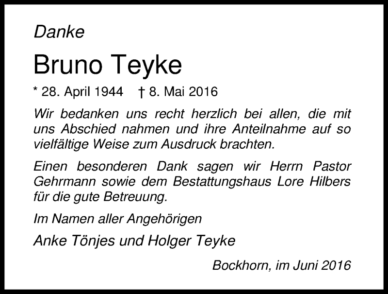  Traueranzeige für Bruno Teyke vom 24.06.2016 aus Nordwest-Zeitung