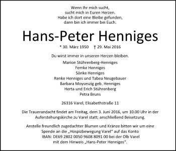 Traueranzeige von Hans-Peter Henniges von Nordwest-Zeitung