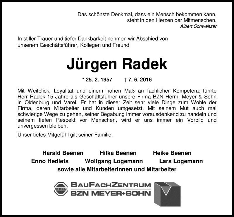  Traueranzeige für Jürgen Radek vom 18.06.2016 aus Nordwest-Zeitung