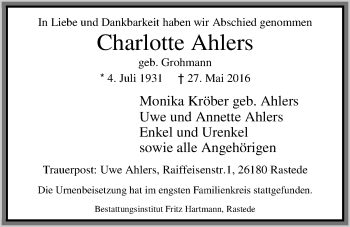 Traueranzeige von Charlotte Ahlers von Nordwest-Zeitung
