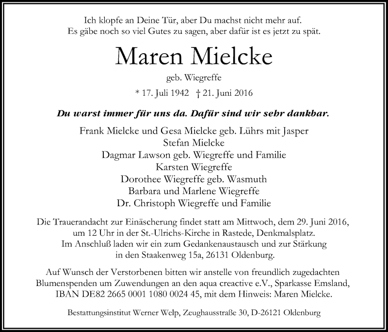  Traueranzeige für Maren Mielcke vom 25.06.2016 aus Nordwest-Zeitung