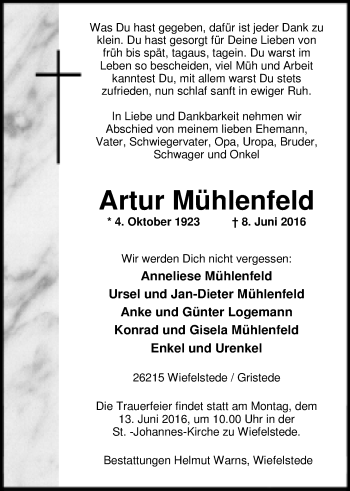 Traueranzeige von Arthur Mühlenfeld von Nordwest-Zeitung
