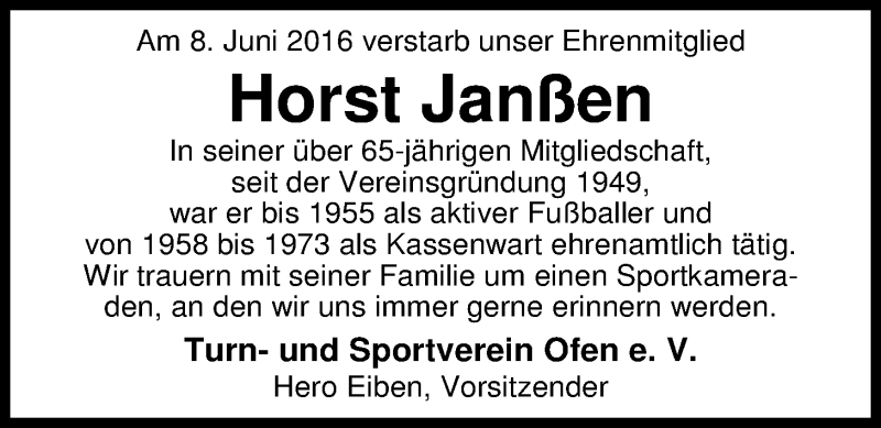  Traueranzeige für Horst Janßen vom 11.06.2016 aus Nordwest-Zeitung