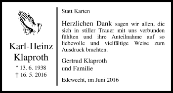 Traueranzeige von Karl-Heinz Klaproth von Nordwest-Zeitung