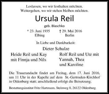 Traueranzeige von Ursula Reil von Nordwest-Zeitung