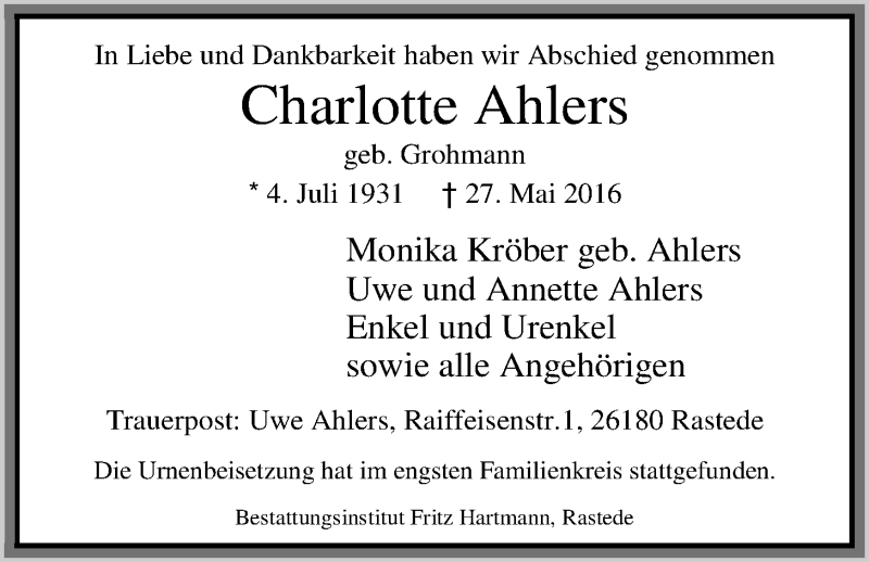 Traueranzeige für Charlotte Ahlers vom 21.06.2016 aus Nordwest-Zeitung