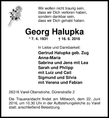 Traueranzeige von Georg Halupka von Nordwest-Zeitung