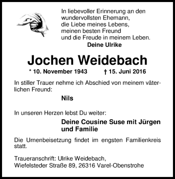 Traueranzeige von Jochen Weidebach von Nordwest-Zeitung