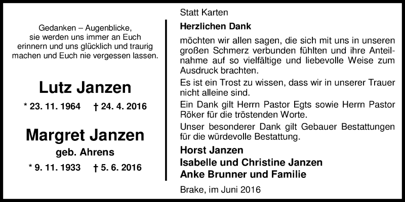  Traueranzeige für Margret Janzen vom 25.06.2016 aus Nordwest-Zeitung